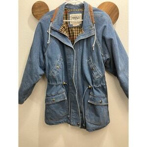 Vintage 90s Forenza Denim Blue Jean Chore Jacket Size M Barn Coat Leather Trim